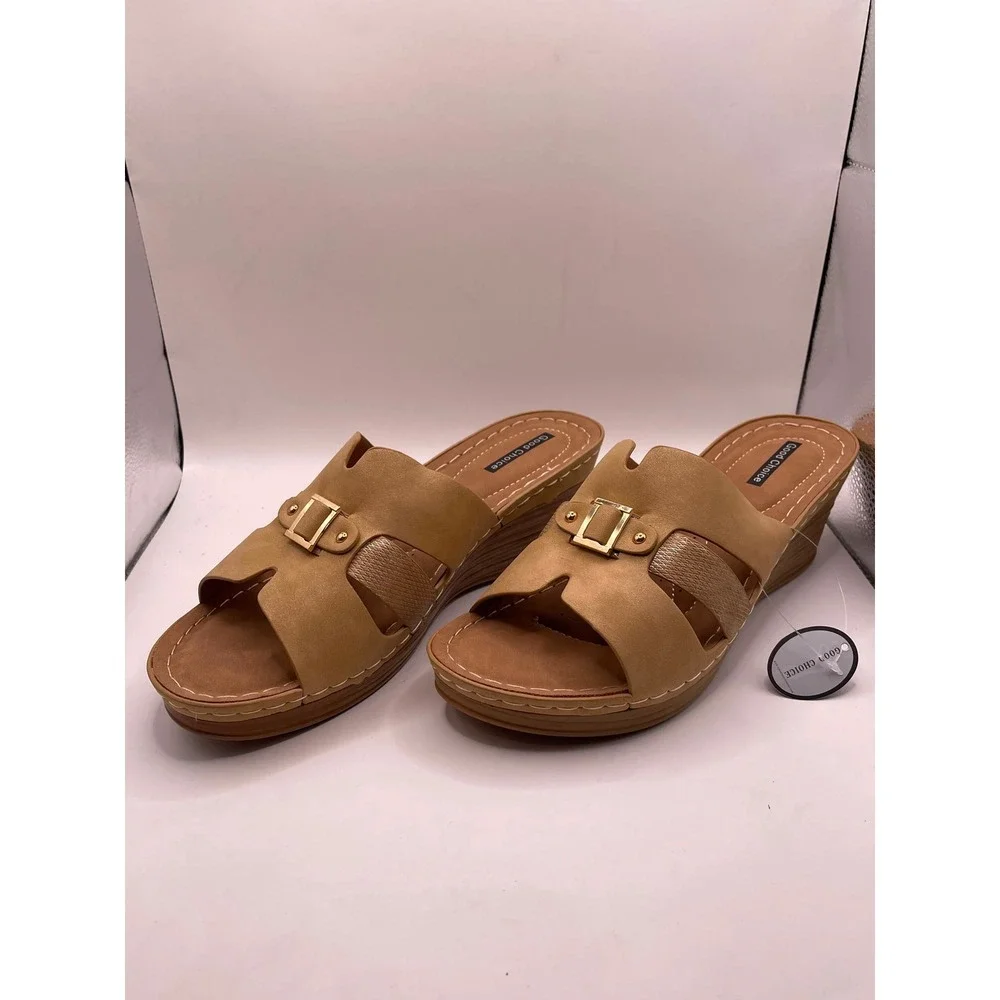 Good Choice Selva Tan Wedge Sandals Gold Buckle Slides Womens 10